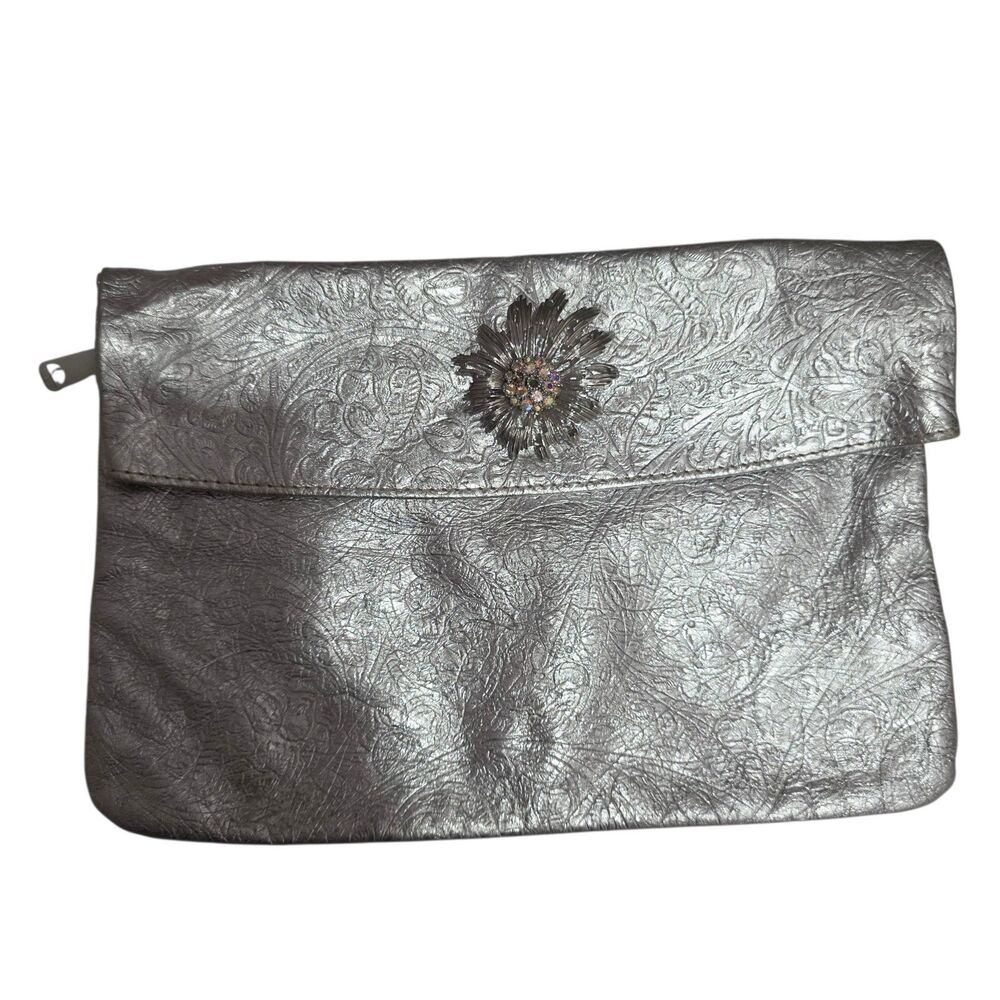 Vintage Silver Tooled Leather‎ Clutch Rhinestone Floral Evening Purse Bag